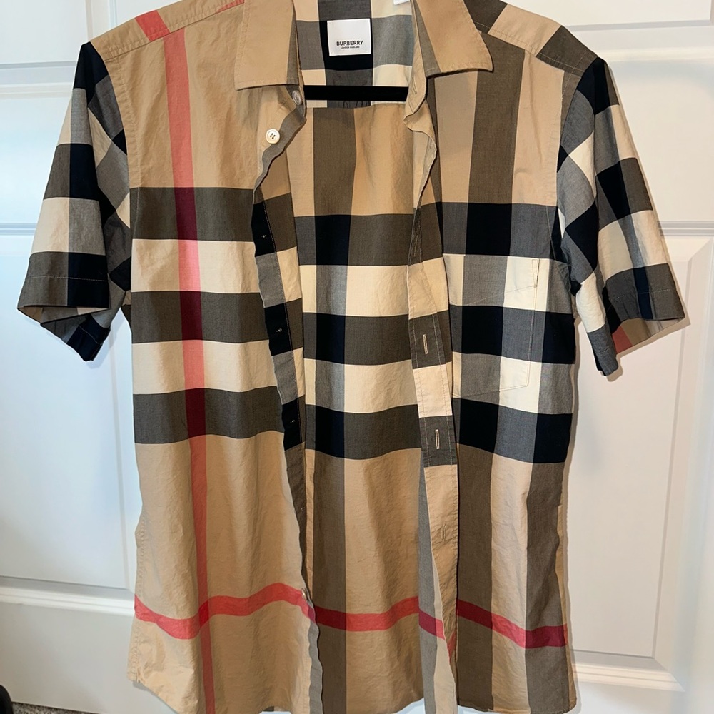 Burberry Men's Tan and Black Plaid Shirt